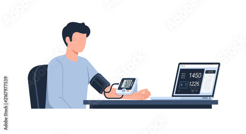 Man Checking Blood Pressure with Digital Tonometer and Laptop for Online Healthcare and Telemedicine Monitoring Vector Illustration