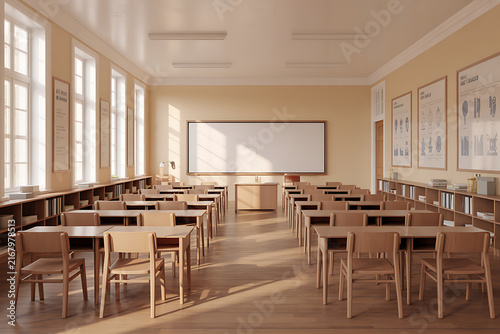 Empty wooden classroom interior with desks and a large whiteboard