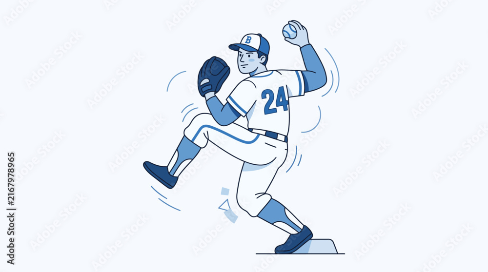 Fototapeta premium Professional Baseball Pitcher Throwing a Ball in Athletic Uniform Line Art Vector Illustration