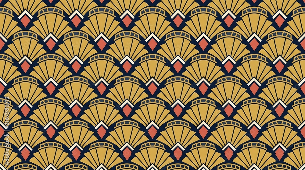 Elegant art deco geometric pattern featuring golden fan shapes on dark blue background with red accents