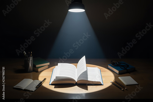 Open book illuminated by a single spotlight on a wooden desk