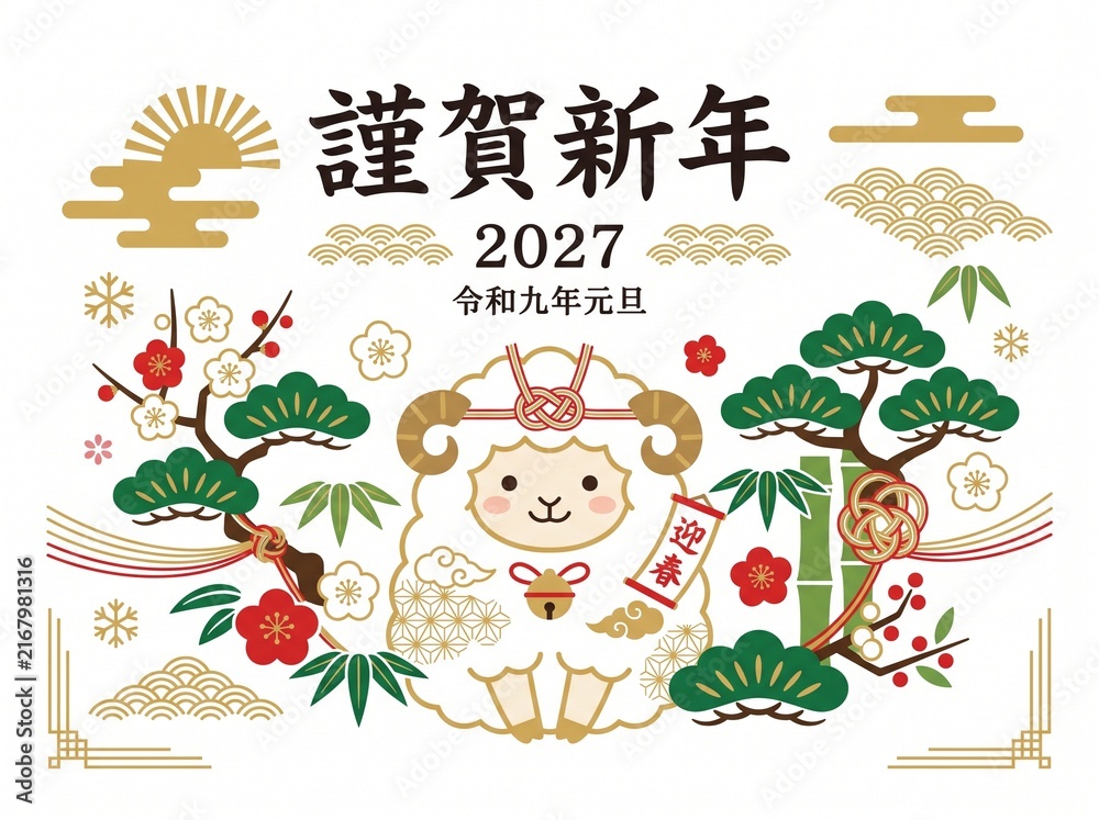 Fototapeta premium Year of the Sheep New Year's Card Illustration with Simple Japanese Design. The Japanese phrase means “Happy New Year.” Vector isolated on white