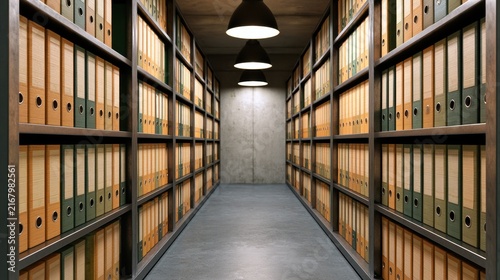 Organized storage space with colorful file folders on shelves in a well-lit corridor in an office, reflecting efficiency and systematic archiving