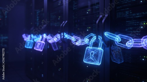 Digital locks and chains securing server racks