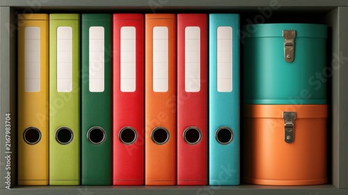 Colorful binders and storage boxes neatly arranged on a shelf creating an organized and vibrant office or classroom workspace aesthetic