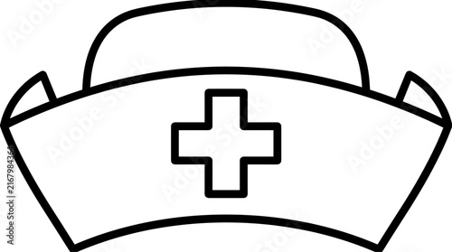 Bild auf Leinwand Black and white outline illustration of a nurse's cap with a red cross symbol, f