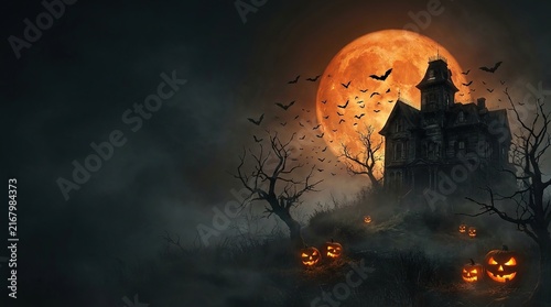 Spooky haunted house on a hill with a glowing full moon and flying bats for Halloween.