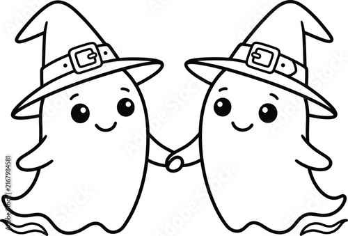 Charming and delightful halloween vector illustration featuring two adorable ghosts wearing classic witch hats perfect for seasonal designs and spooky celebrations