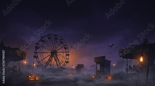 Spooky abandoned carnival at night with glowing jack o lanterns and ferris wheel.