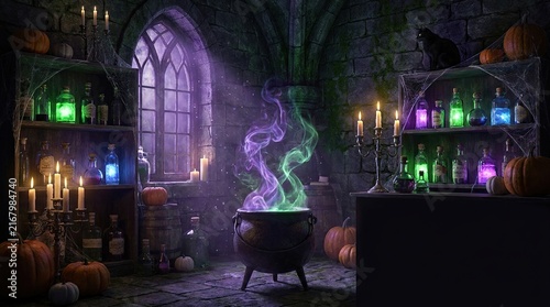 Magical witch cauldron with glowing green and purple smoke inside a dark stone castle room for Halloween.