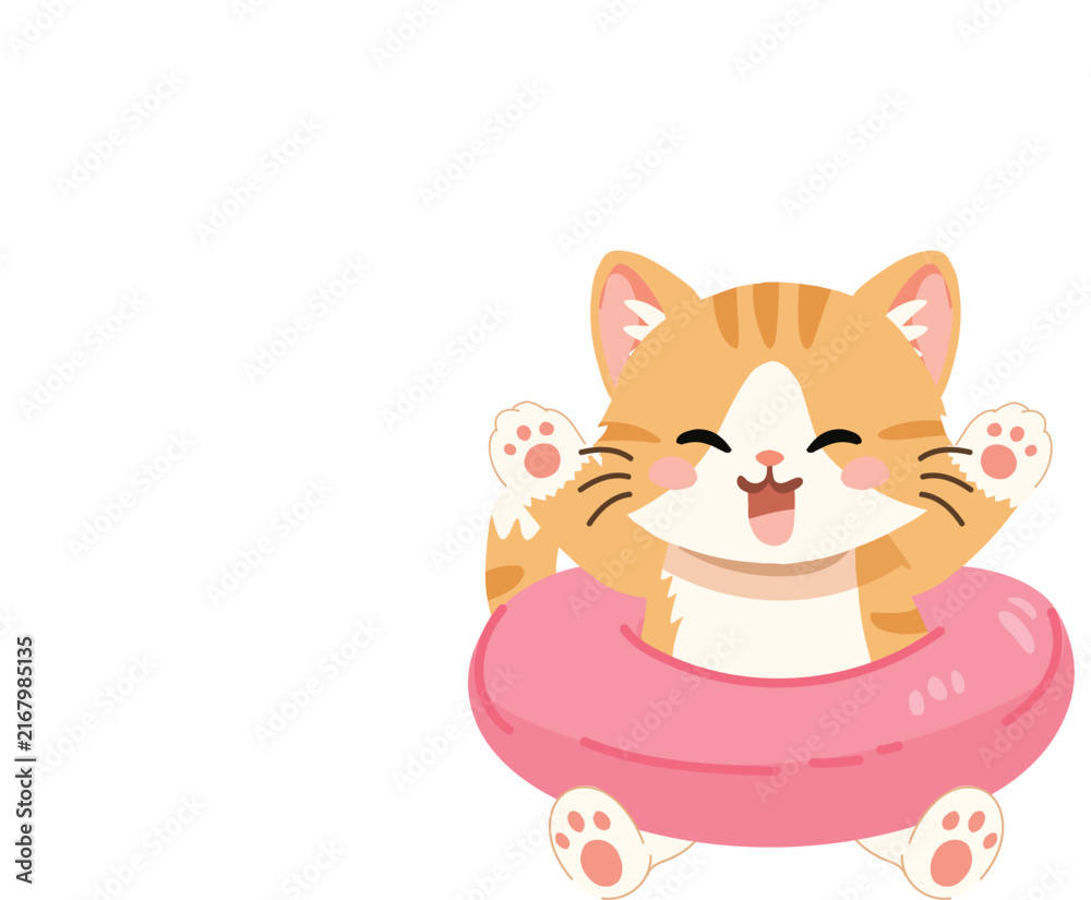 Fototapeta premium Cute kitten in pink swim ring summer vacation cartoon animal illustration