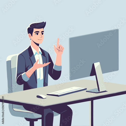 Flat Illustration Of A Professional In Suit Working On A Desktop Computer Pointing Finger Up