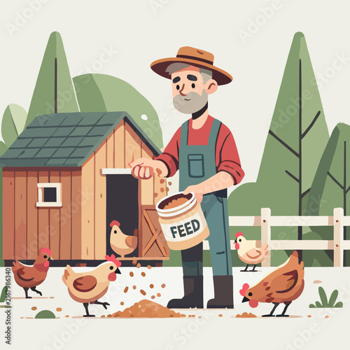 Flat Pixel Art Farmer Feeding Chickens In A Sunny Farmyard Scene With Wooden Coop And Green Trees