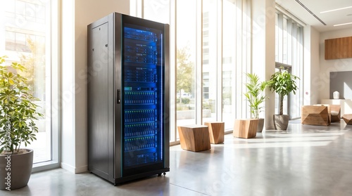 Server rack in a modern office lobby
