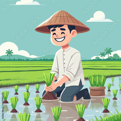 Flat Illustration Of A Happy Farmer Planting Rice Seedlings In A Paddy Field On A Sunny Day