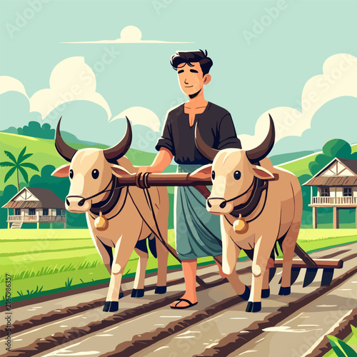 Pixel Art Farmer Plowing A Paddy Field With Two Oxen In A Rural Landscape Under A Bright Sunny Sky