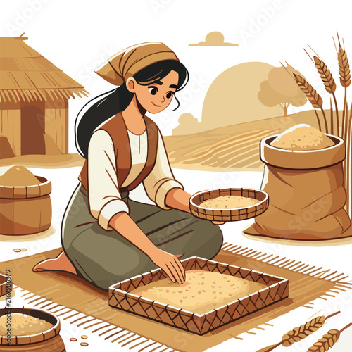 Flat Illustration Of Peasant Woman Sorting Harvested Grains In Rustic Farm Setting With Wheat Sacks