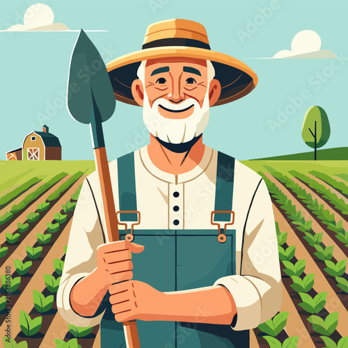 Flat Illustration Of A Senior Farmer Holding A Shovel On A Sunny Farm