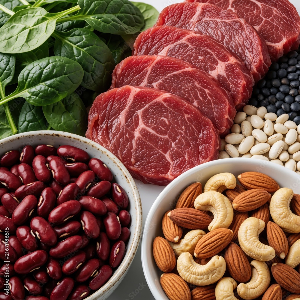 Fototapeta premium Raw meat slices spinach and various beans almonds cashews arranged together. Assortment of iron rich foods for healthy eating. Natural light studio shot.