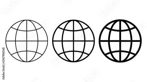 Globe icons set with three globe illustrations featuring geography, world, earth with lines and meridians