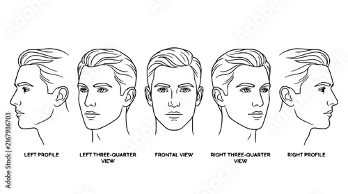 Male face set with line drawings featuring profile view, frontal view, three-quarter view with clean lines and monochrome design