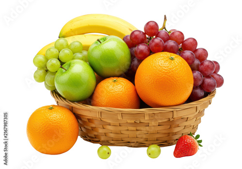 Traditional light brown wicker basket overflowing with vibrant fresh fruits, against a transparent background with copy space, concept of natural abundance and wholesome nutrition