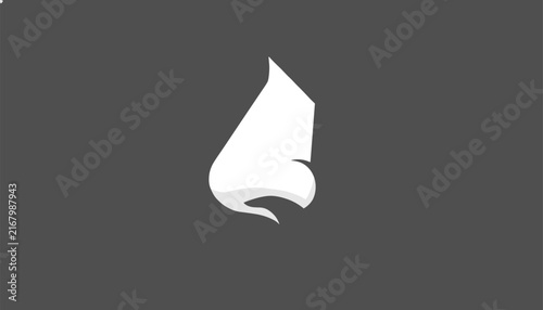 Abstract white stylized shape resembling a flame, a leaf, or a nose on a solid dark grey background.