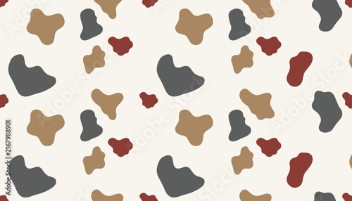 Seamless cow print pattern featuring irregular spots in gray, brown, and dark red on a light cream background.