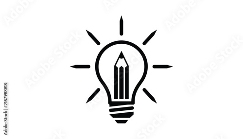 Creative concept icon of a black light bulb with a pencil filament shining rays of light, symbolizing a bright idea.