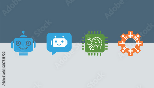 Row of artificial intelligence and chatbot colorful icons depicting robot heads, a brain chip, and a digital gear.