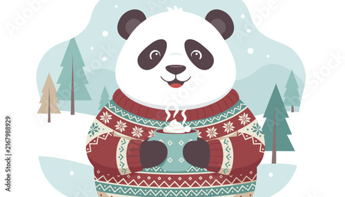 Adorable panda bear wearing a red patterned winter sweater and holding a cup of hot cocoa, in a snowy pine forest.