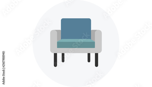 Modern minimalist grey armchair with a blue and teal cushion and black wooden legs, isolated on a round background.