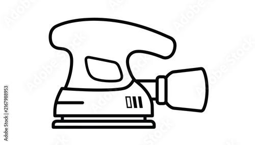 Outline icon of an electric orbital wood sanding power tool, isolated on a clean white background, for diy.