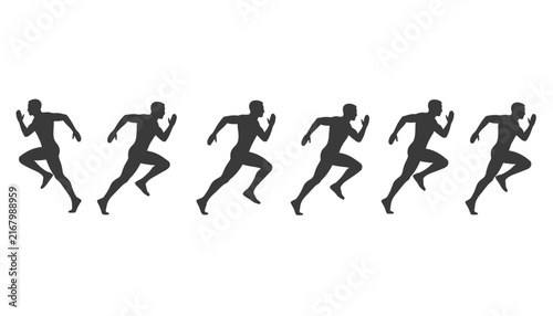 Sequence showing six silhouettes of a male athlete running in stride, symbolizing motion, speed, and endurance.