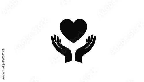 Silhouette icon of two hands gently holding a large heart, symbolizing love, care, charity, and protection.