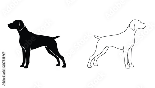 Silhouette and outline vector illustration of a German Shorthaired Pointer hunting dog standing alert in side profile view.