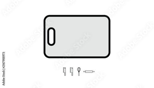 Large grey cutting board icon with small outline icons of kitchen knives, a whisk, and a rolling pin underneath.