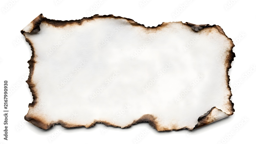 Fototapeta premium Collection of burnt paper scraps with charred edges isolated on white background for design