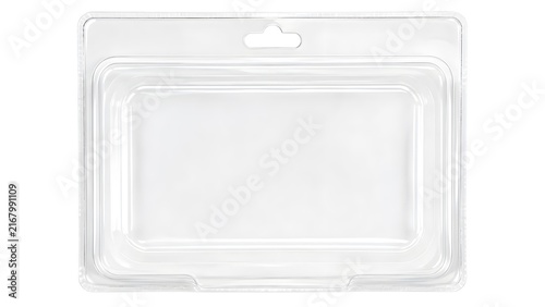 Transparent plastic blister packaging shell with hanging hole isolated on white background, clear PVC container for retail product display
