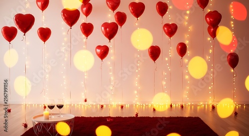Enchanting romantic setting with red heart-shaped balloons, sparkling string lights, and a lit candle creating a warm, intimate atmosphere on the floor.