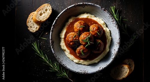 Savory meatballs with rich brown gravy served atop creamy mashed potatoes in a rustic bowl, garnished with fresh rosemary and accompanied by crusty bread.