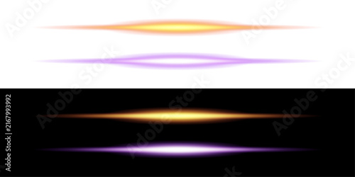 Abstract horizontal light effect with glowing golden and purple streaks on dark and light backgrounds