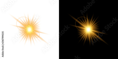 A bright golden sunburst light effect isolated on transparent background for design projects
