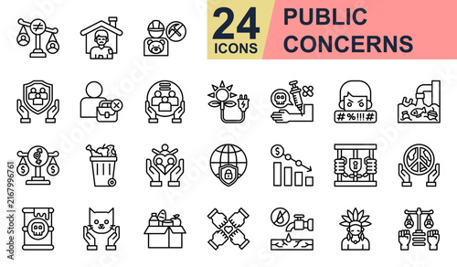 Public concerns Icons set vector illustration. Containing Homeless Shelter, Public Safety, Unemployment, Clean Energy, Animal Rights and more. Simple line icons collection.