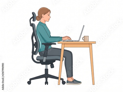 Young woman maintaining correct sitting posture on ergonomic office chair with lumbar support flat vector illustration, vector isolated on white