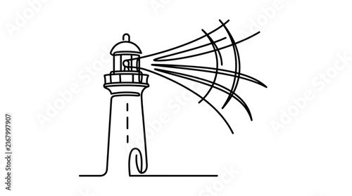 Lighthouse beacon with light beams, continuous line drawing of a coastal navigation tower.