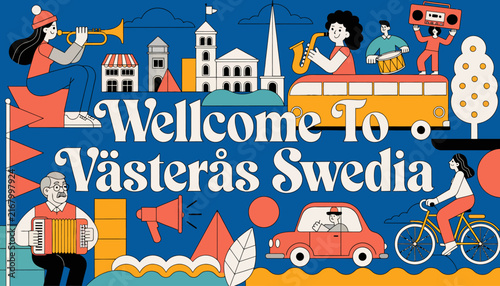 Welcome To Vasteras Sweden: Charming Cityscape with People and Icons in Flat Design Style