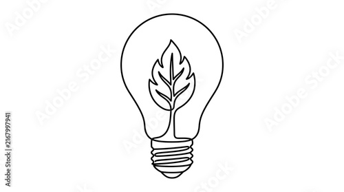 Lightbulb with leaf icon, continuous line art drawing of eco friendly energy concept.