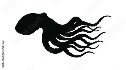 Black octopus silhouette isolated on white background for marine life design projects.