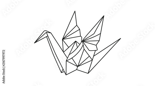 Minimalist origami crane line art illustration on white background
